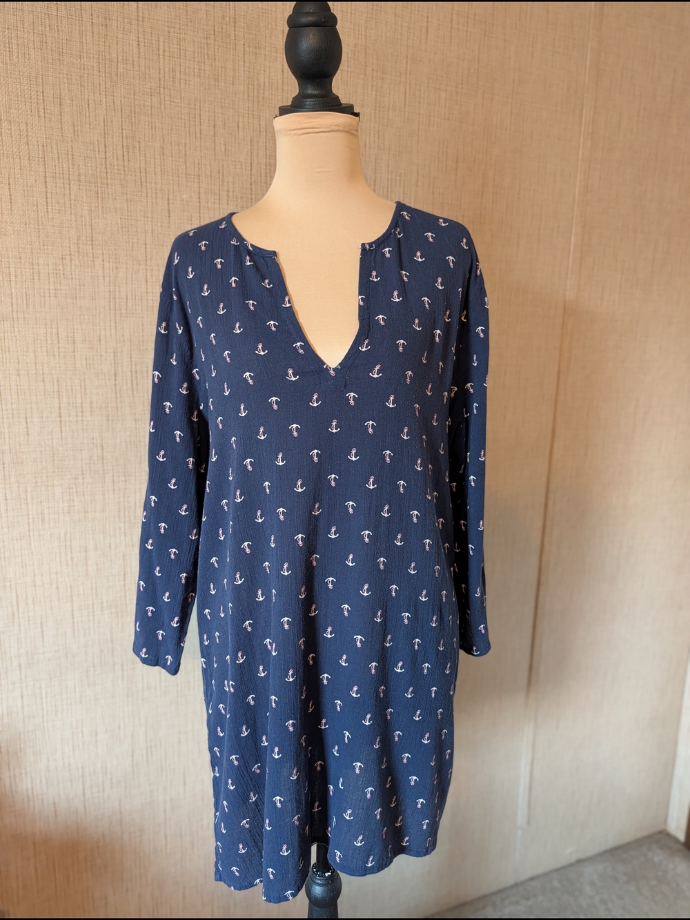 J. Crew Navy Anchor-Print Long Sleeve V-Neck Dress